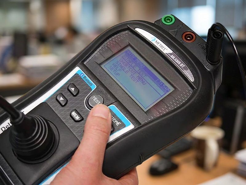 SydTag technician using a portable appliance tester to test and tag electrical equipment in a Sydney workplace